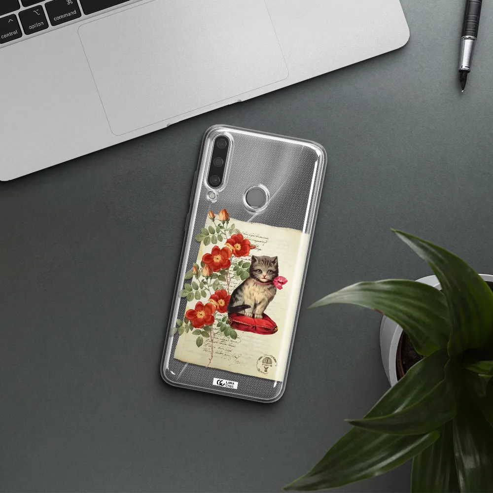 a cat on a pillow with flowers Huawei Y6P Clear TPU Case