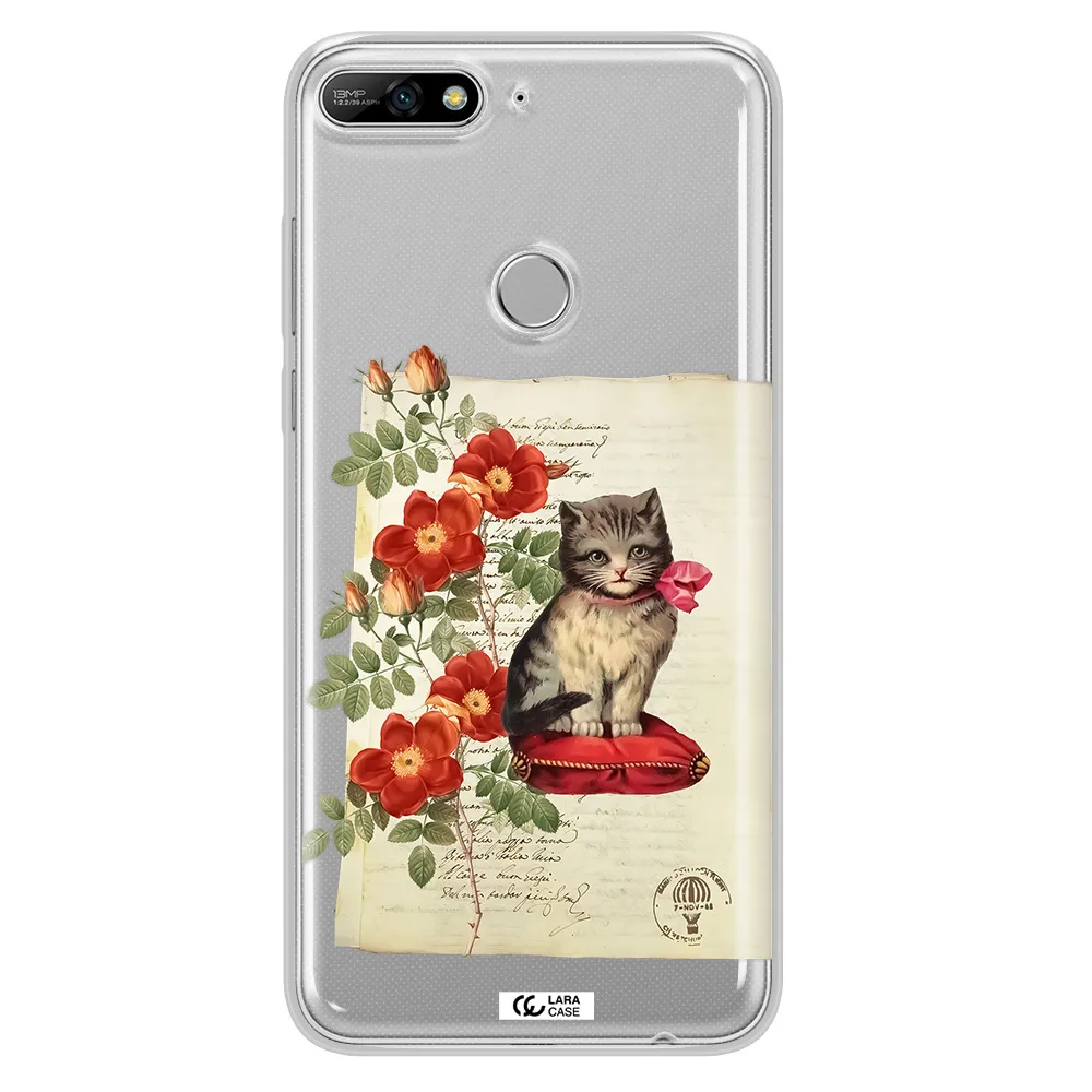 a cat on a pillow with flowers Huawei Y7 2018 Clear TPU Case