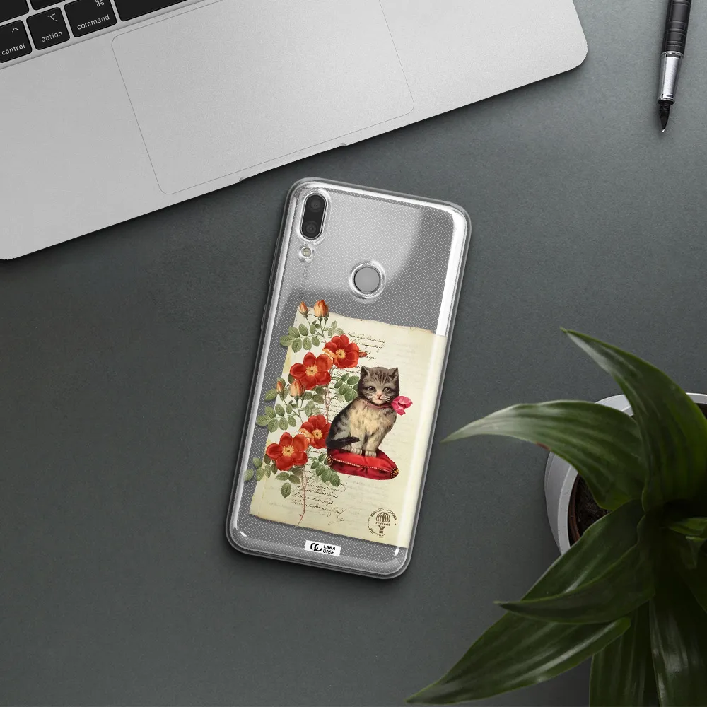 a cat on a pillow with flowers Huawei Y7 2019 Clear TPU Case