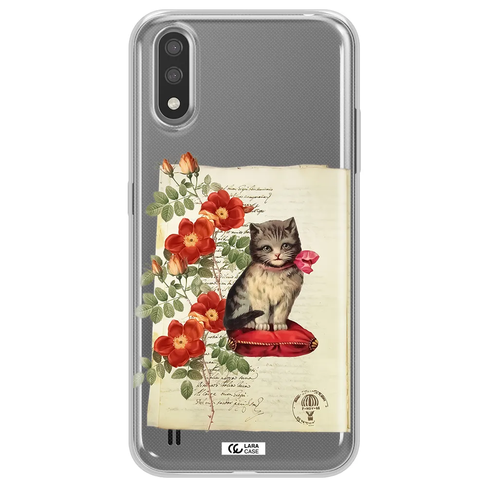 a cat on a pillow with flowers Samsung A01 Clear TPU Case