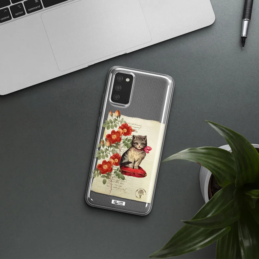 a cat on a pillow with flowers Samsung A02S Clear TPU Case