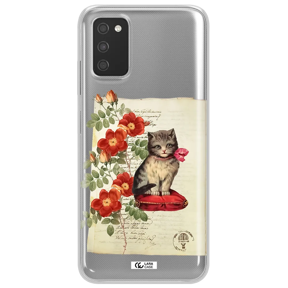 a cat on a pillow with flowers Samsung A03S Clear TPU Case