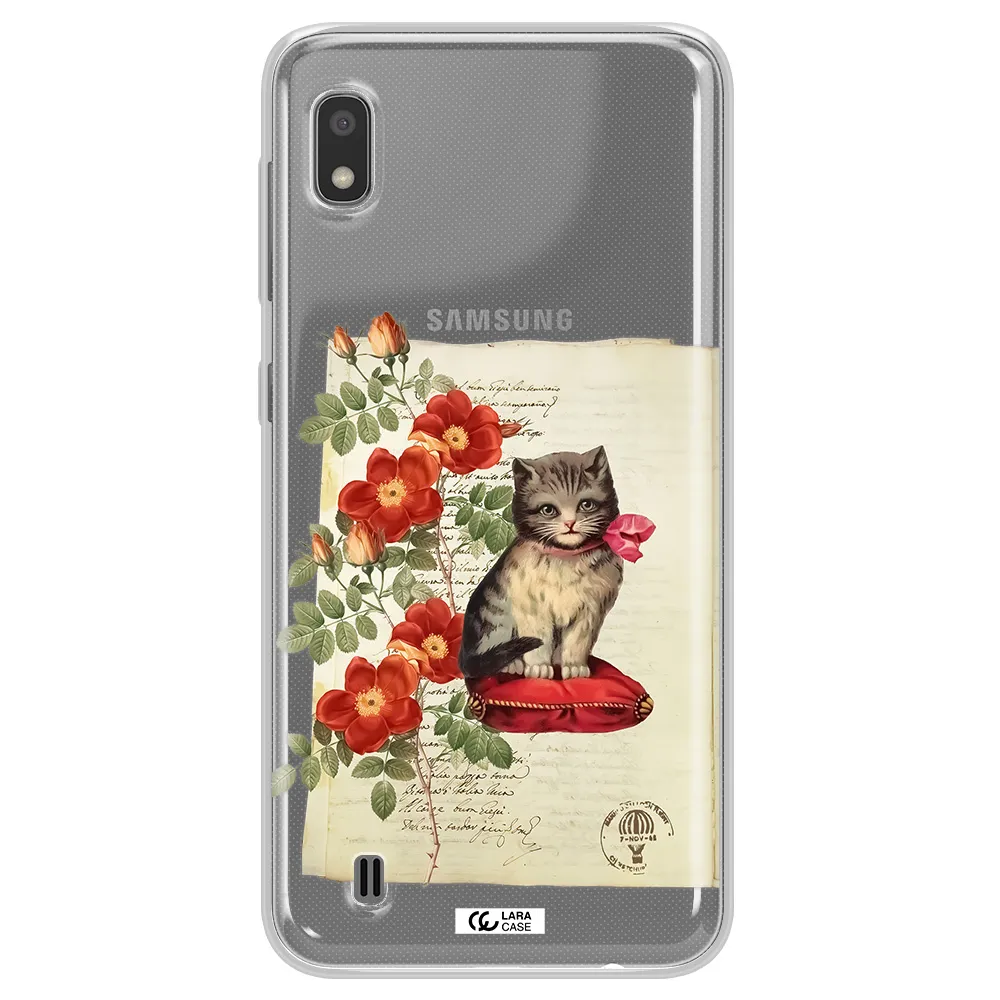 a cat on a pillow with flowers Samsung A10 Clear TPU Case