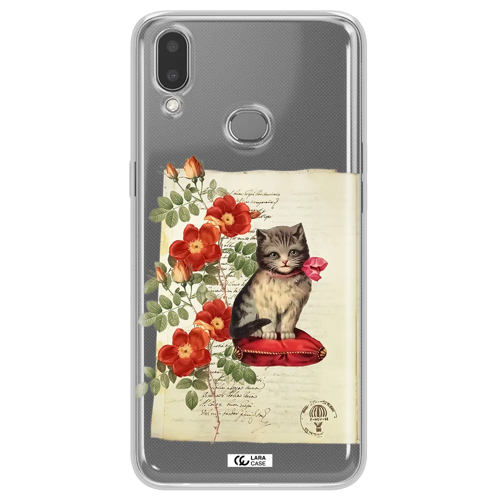 a cat on a pillow with flowers Samsung A10S Clear TPU Case