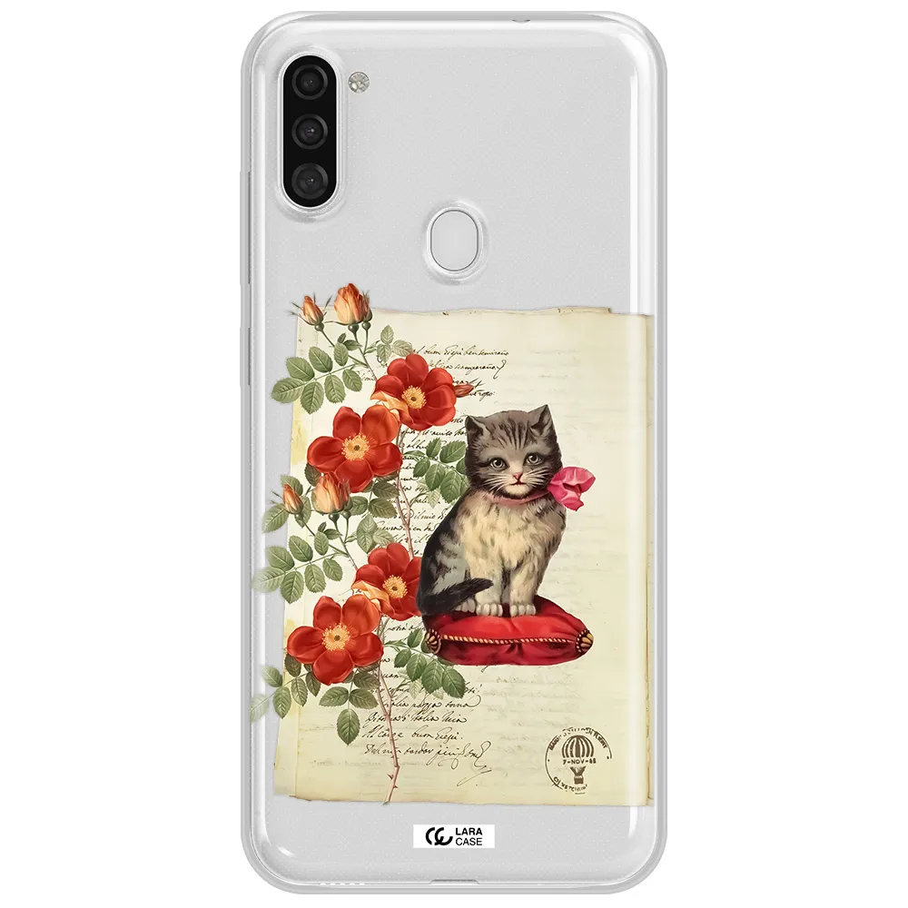 a cat on a pillow with flowers Samsung A11 Clear TPU Case