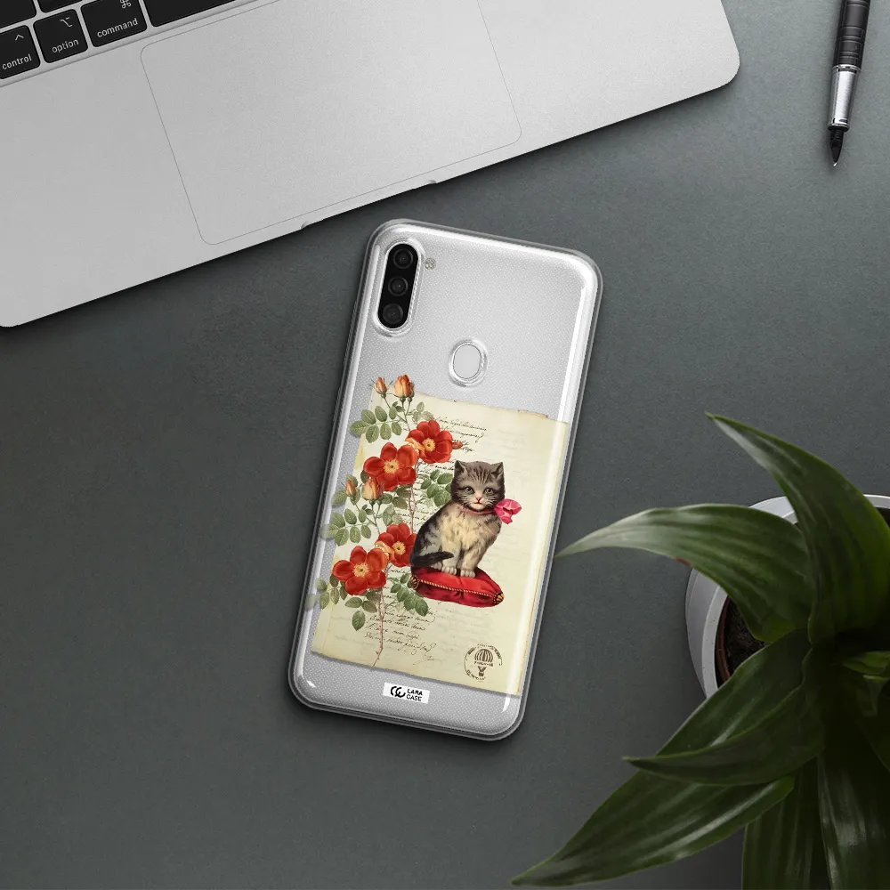 a cat on a pillow with flowers Samsung A11 Clear TPU Case