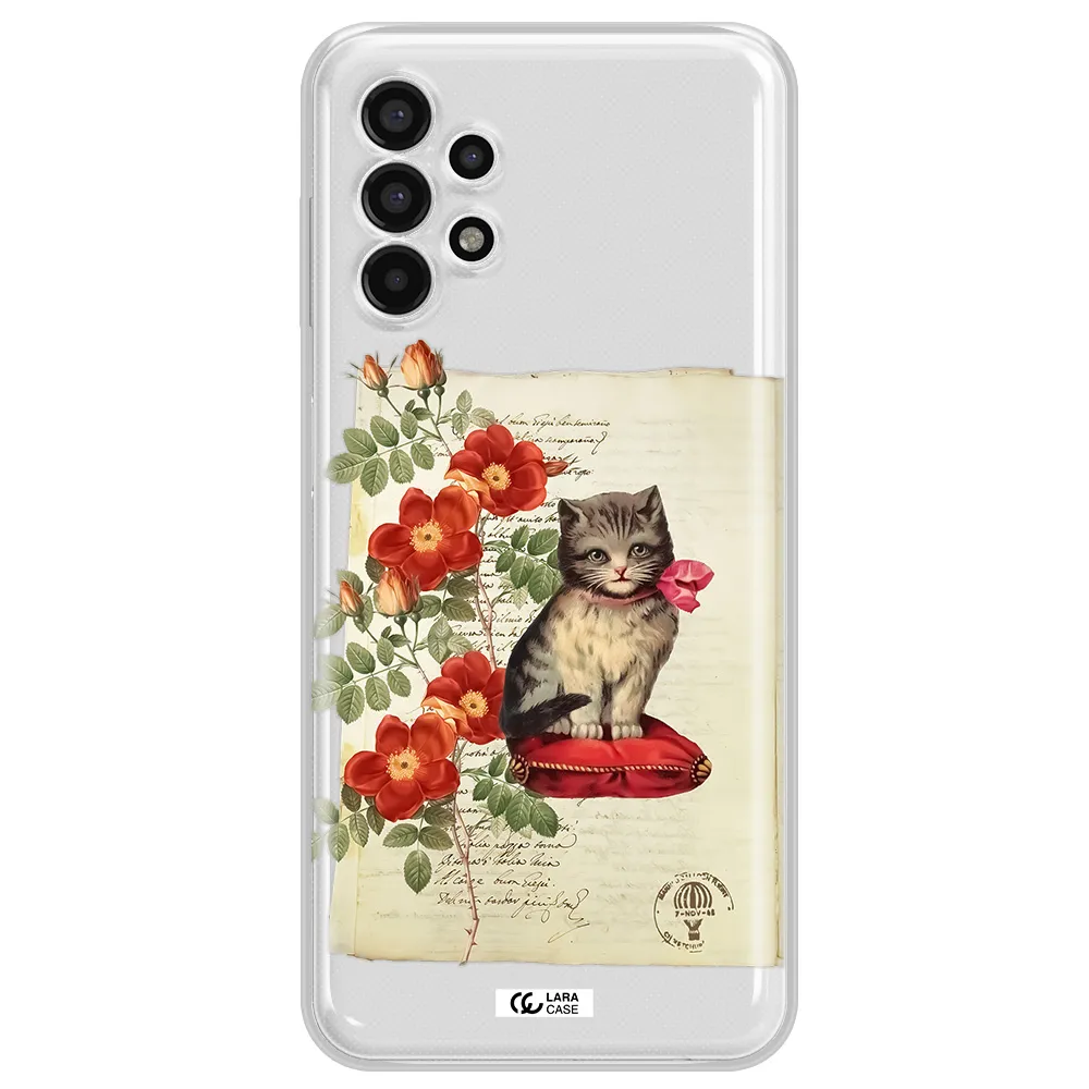 a cat on a pillow with flowers Samsung A13 4g Clear TPU Case