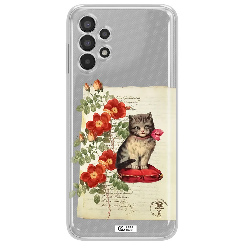 a cat on a pillow with flowers Samsung A13 Clear TPU Case
