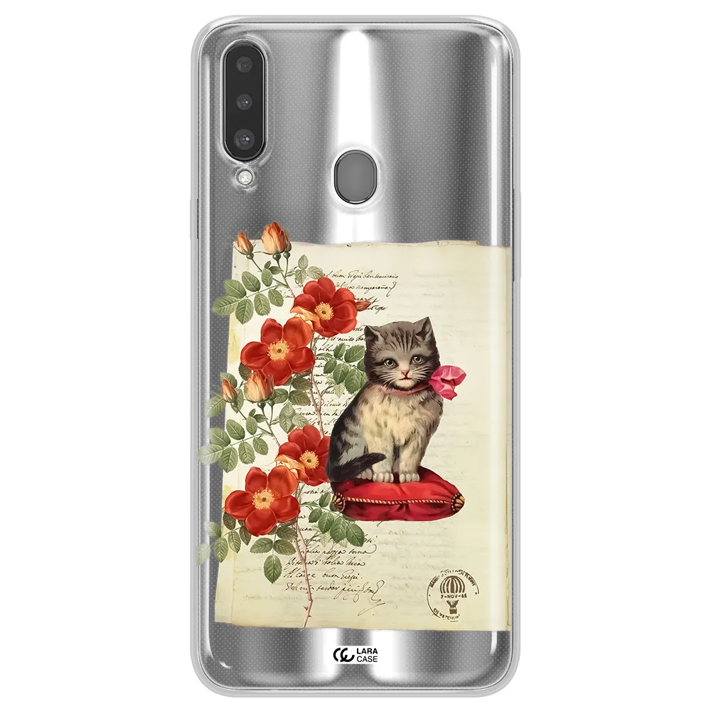 a cat on a pillow with flowers Samsung A20S Clear TPU Case