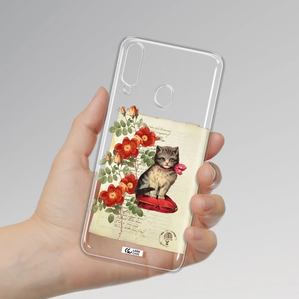 a cat on a pillow with flowers Samsung A20S Clear TPU Case