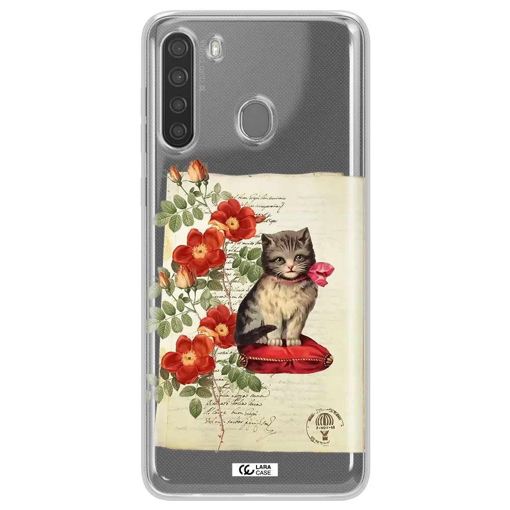 a cat on a pillow with flowers Samsung A21 Clear TPU Case