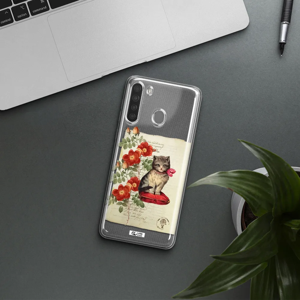 a cat on a pillow with flowers Samsung A21 Clear TPU Case