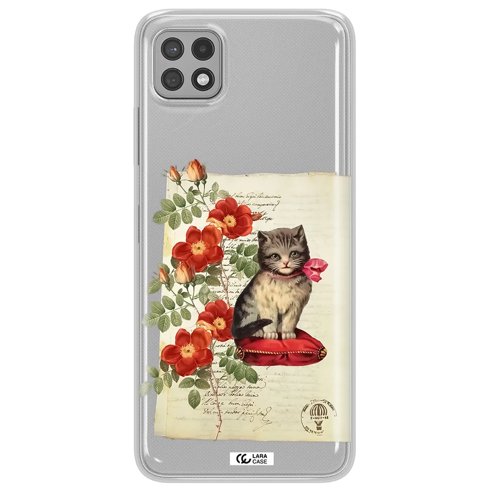 a cat on a pillow with flowers Samsung A22 5g Clear TPU Case
