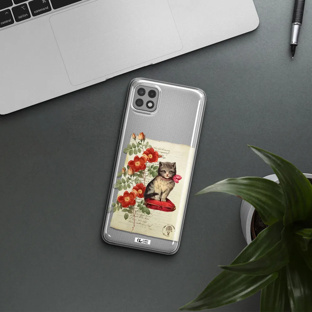 a cat on a pillow with flowers Samsung A22 5g Clear TPU Case