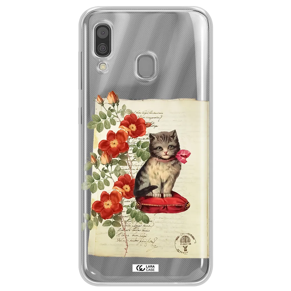 a cat on a pillow with flowers Samsung A30 Clear TPU Case