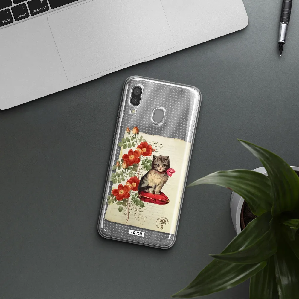 a cat on a pillow with flowers Samsung A30 Clear TPU Case