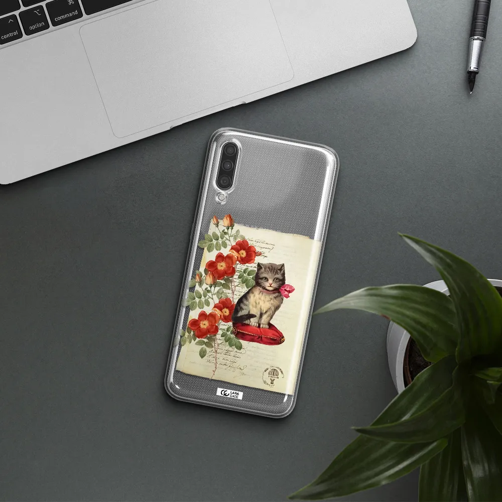 a cat on a pillow with flowers Samsung A30S Clear TPU Case