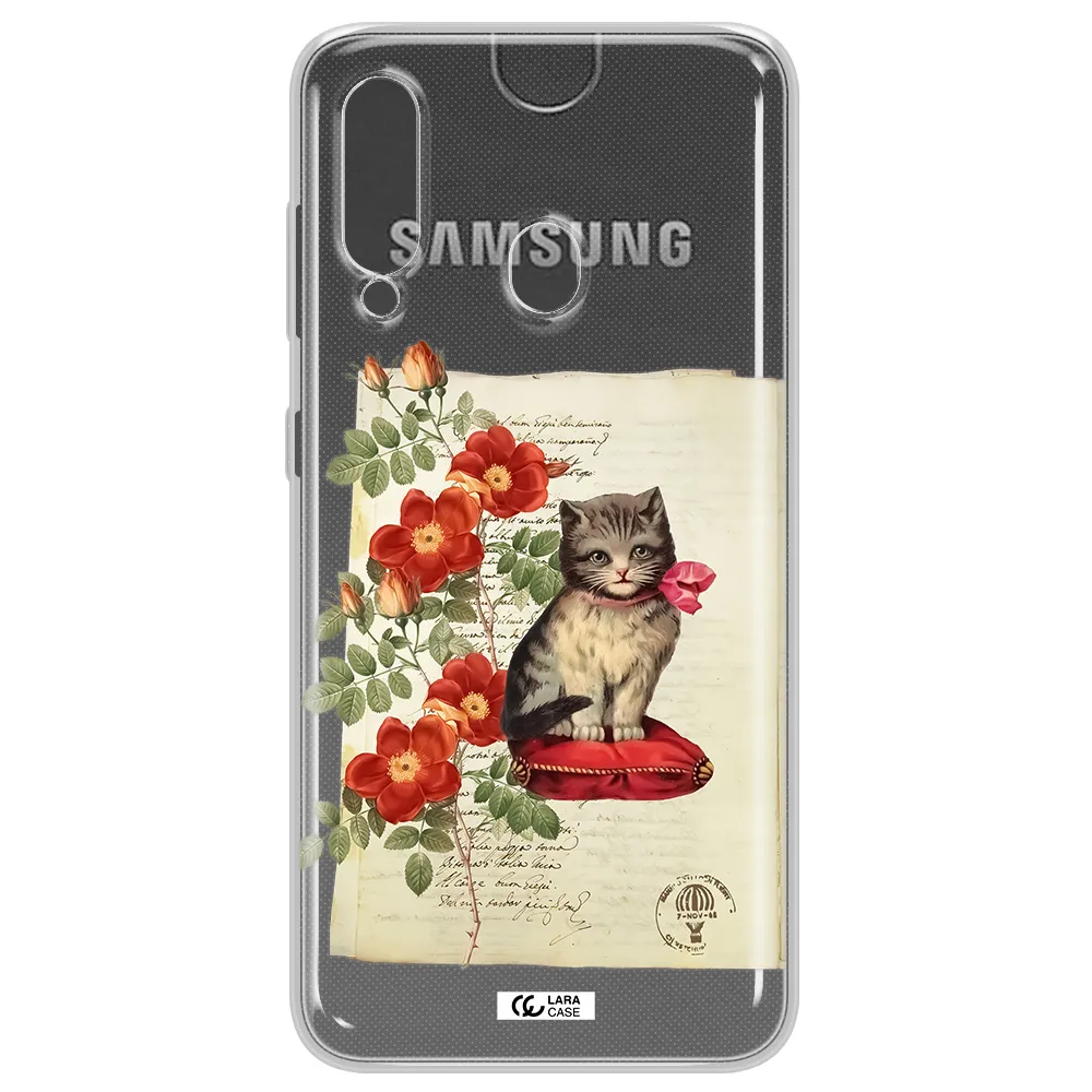 a cat on a pillow with flowers Samsung A60 Clear TPU Case