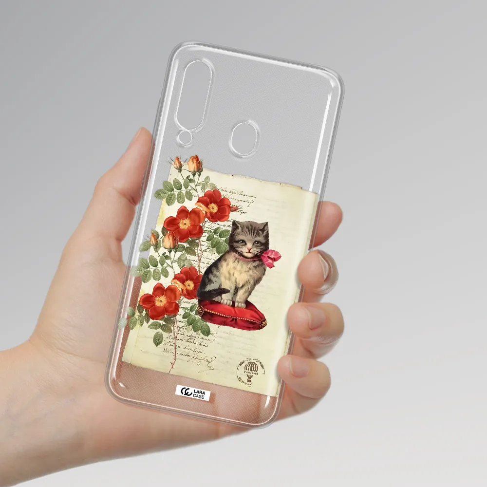 a cat on a pillow with flowers Samsung A60 Clear TPU Case