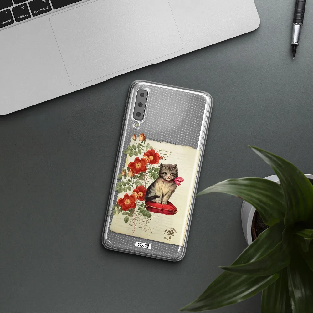 a cat on a pillow with flowers Samsung A7 2018 Clear TPU Case