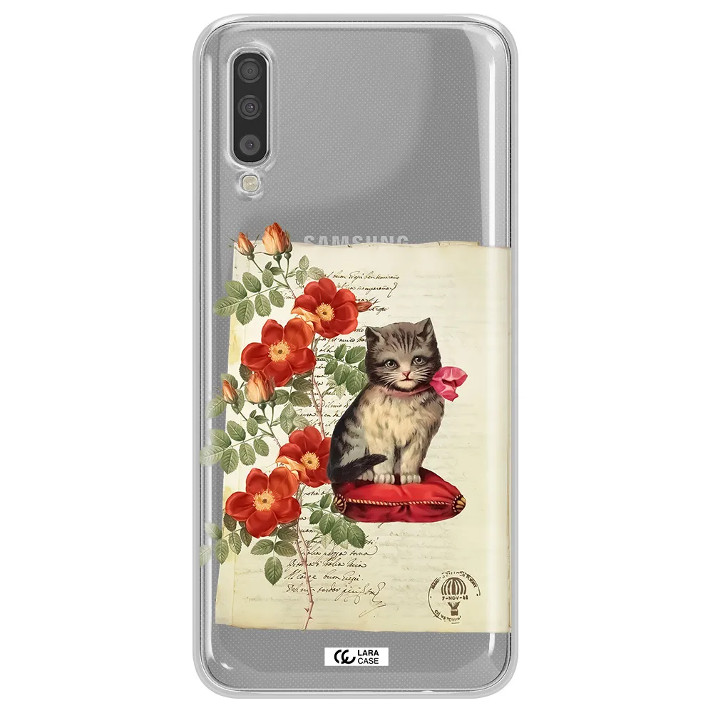 a cat on a pillow with flowers Samsung A70 Clear TPU Case