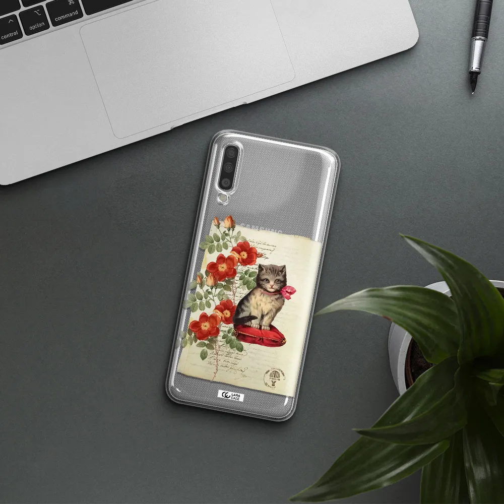 A Cat On A Pillow With Flowers Samsung A70S Clear Tpu Case