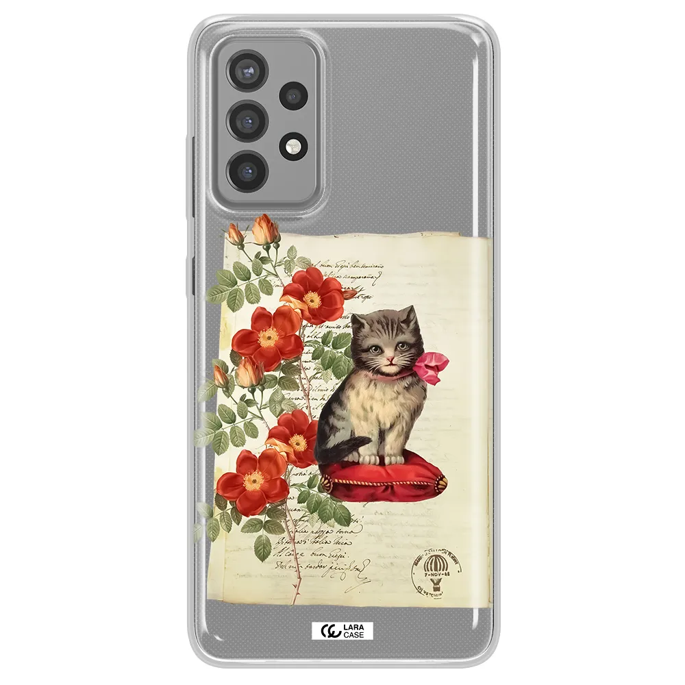 a cat on a pillow with flowers Samsung A72 Clear TPU Case