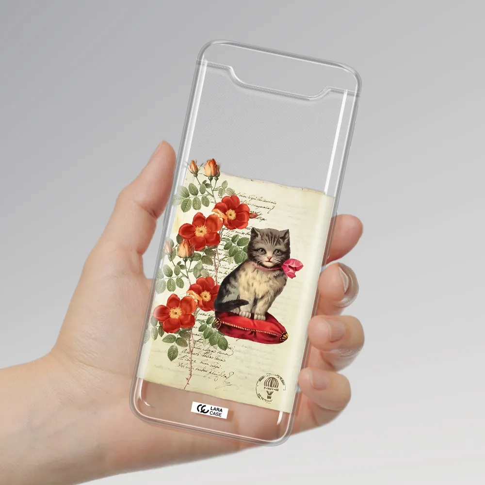 a cat on a pillow with flowers Samsung A80 Clear TPU Case