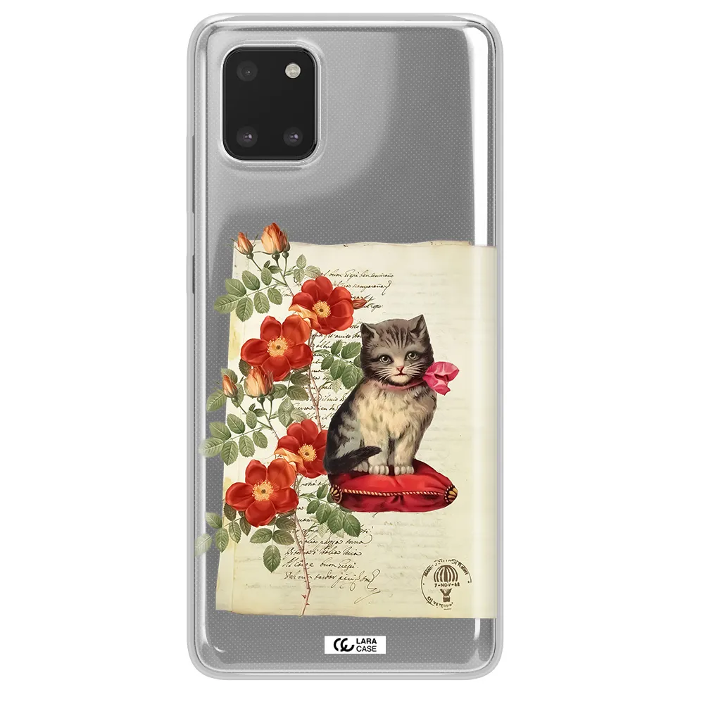 a cat on a pillow with flowers Samsung A81 Clear TPU Case
