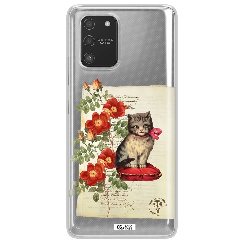 a cat on a pillow with flowers Samsung A91 Clear TPU Case