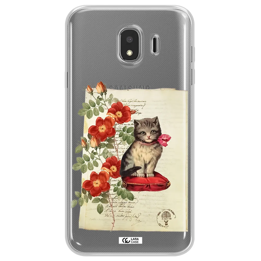 a cat on a pillow with flowers Samsung J4 Clear TPU Case