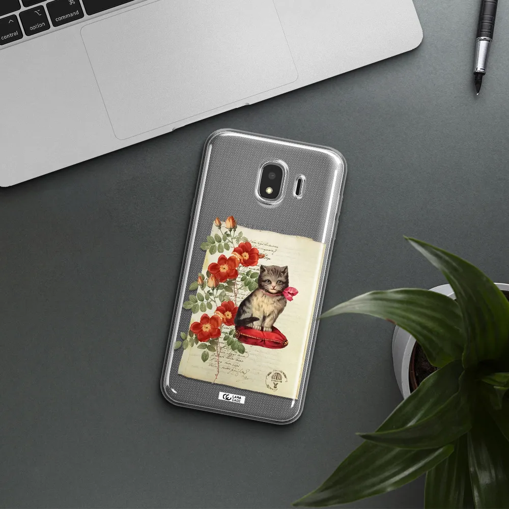 a cat on a pillow with flowers Samsung J4 Clear TPU Case