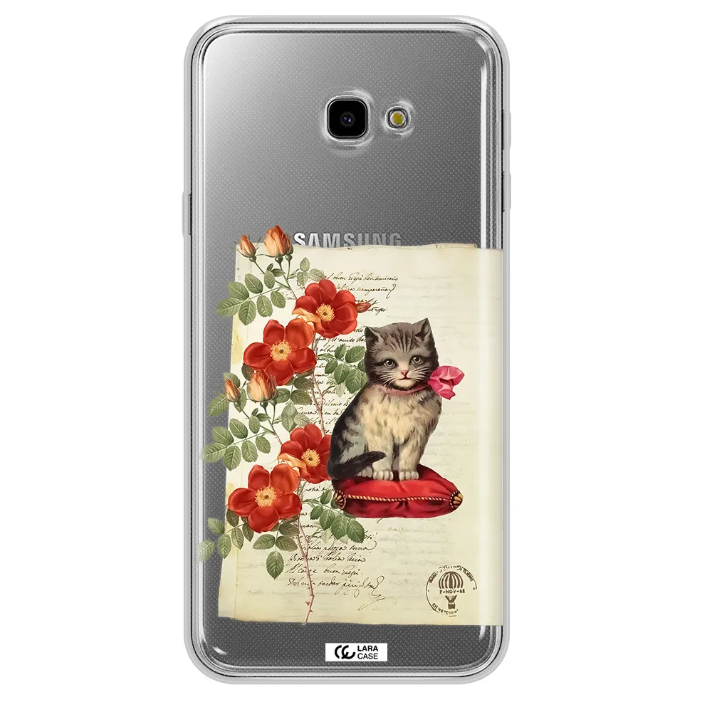 a cat on a pillow with flowers Samsung J4 Plus Clear TPU Case