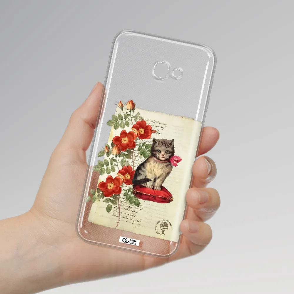 a cat on a pillow with flowers Samsung J4 Plus Clear TPU Case