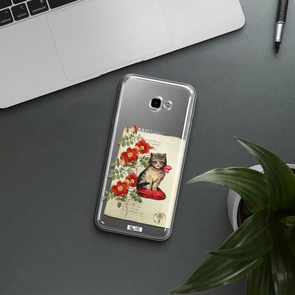 a cat on a pillow with flowers Samsung J4 Plus Clear TPU Case