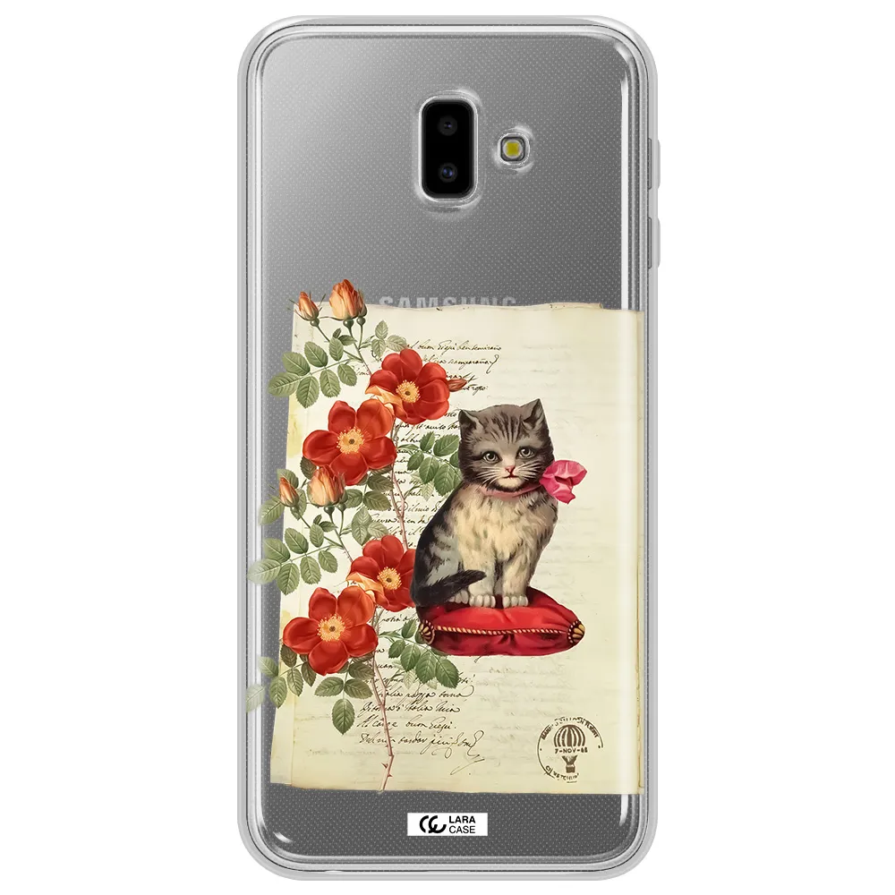 a cat on a pillow with flowers Samsung J6 Plus Clear TPU Case