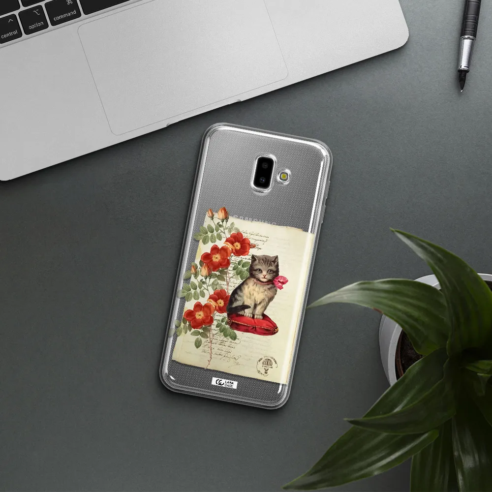 a cat on a pillow with flowers Samsung J6 Plus Clear TPU Case