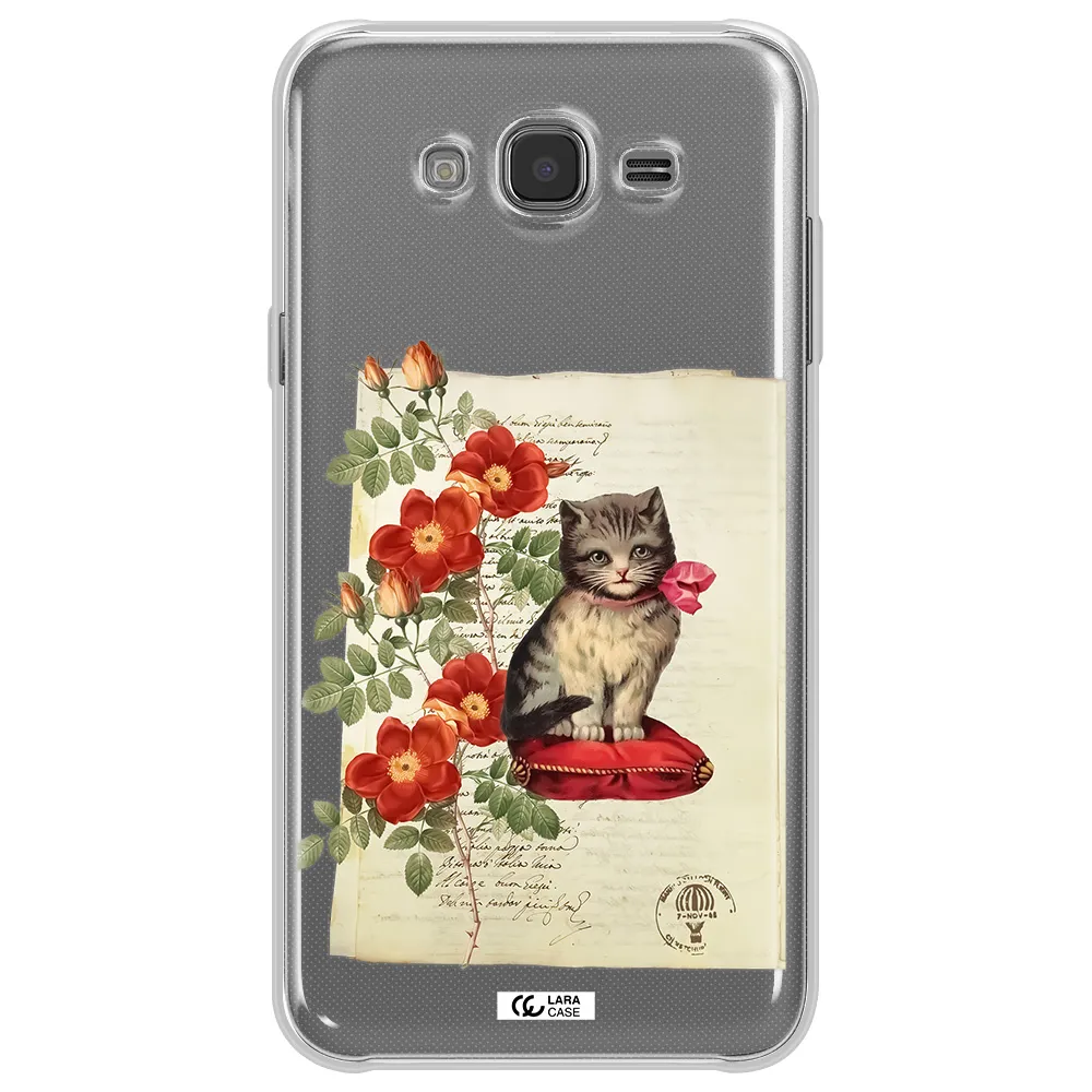 a cat on a pillow with flowers Samsung J7 Clear TPU Case