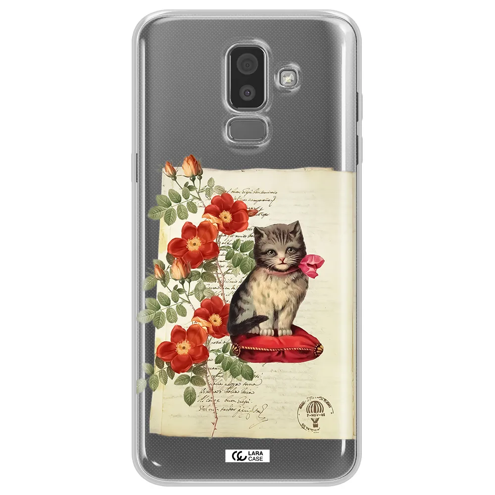 a cat on a pillow with flowers Samsung J8 Clear TPU Case