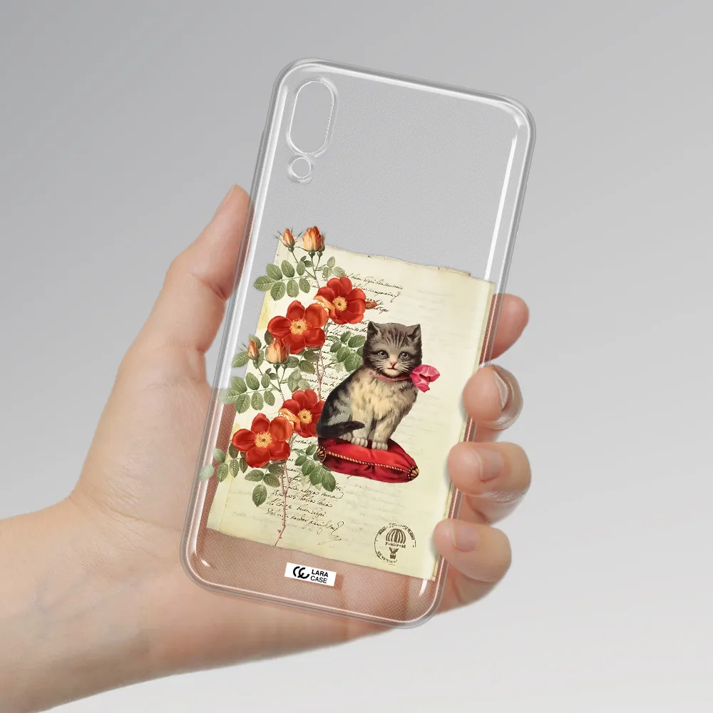 a cat on a pillow with flowers Samsung M10 Clear TPU Case