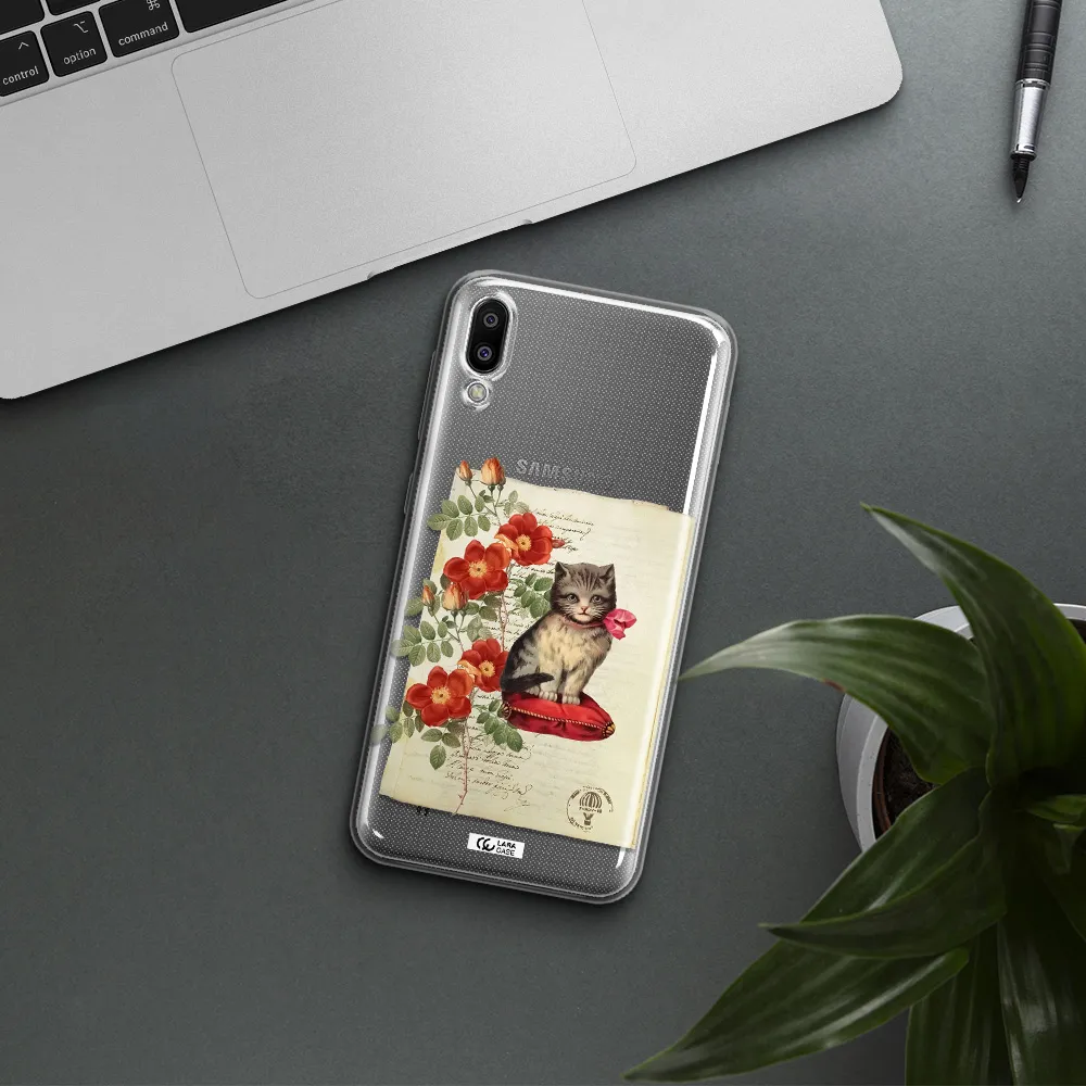 a cat on a pillow with flowers Samsung M10 Clear TPU Case