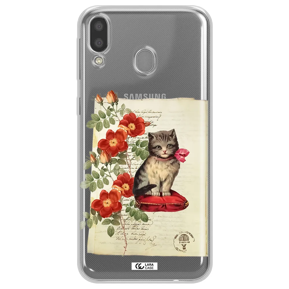 a cat on a pillow with flowers Samsung M20 Clear TPU Case
