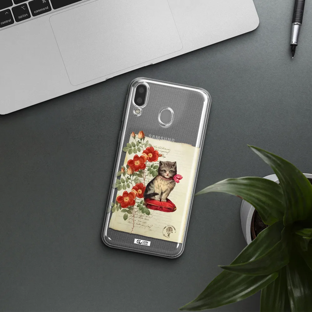 a cat on a pillow with flowers Samsung M20 Clear TPU Case