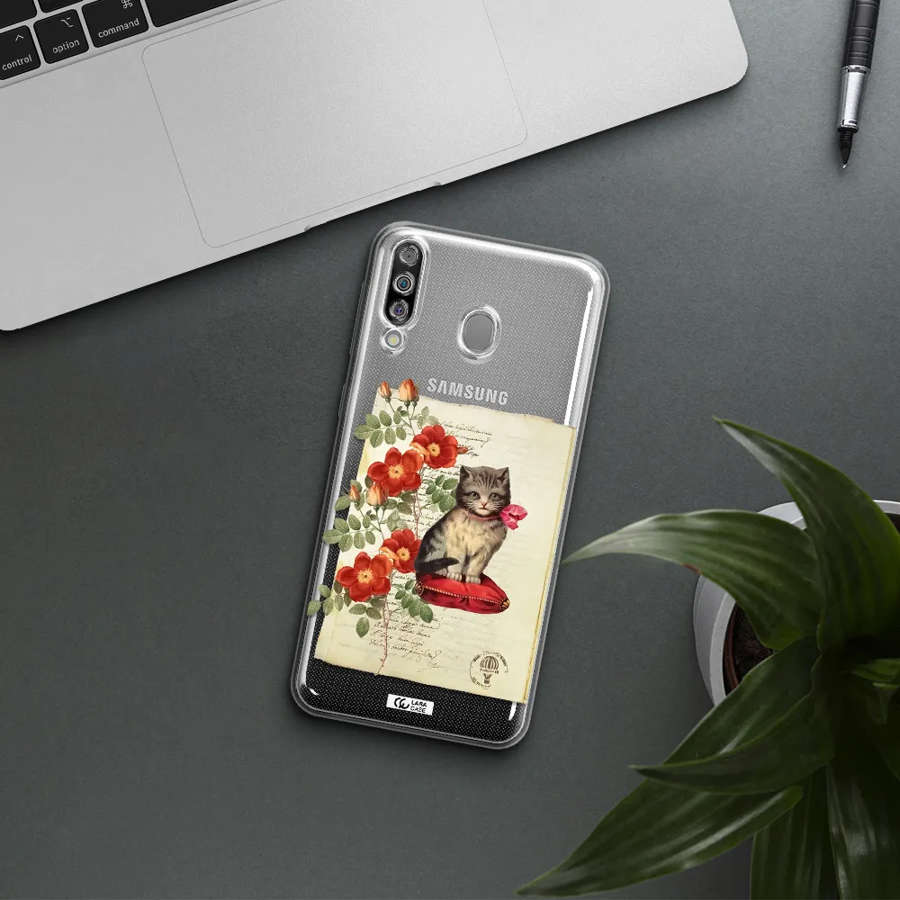 a cat on a pillow with flowers Samsung M30 Clear TPU Case