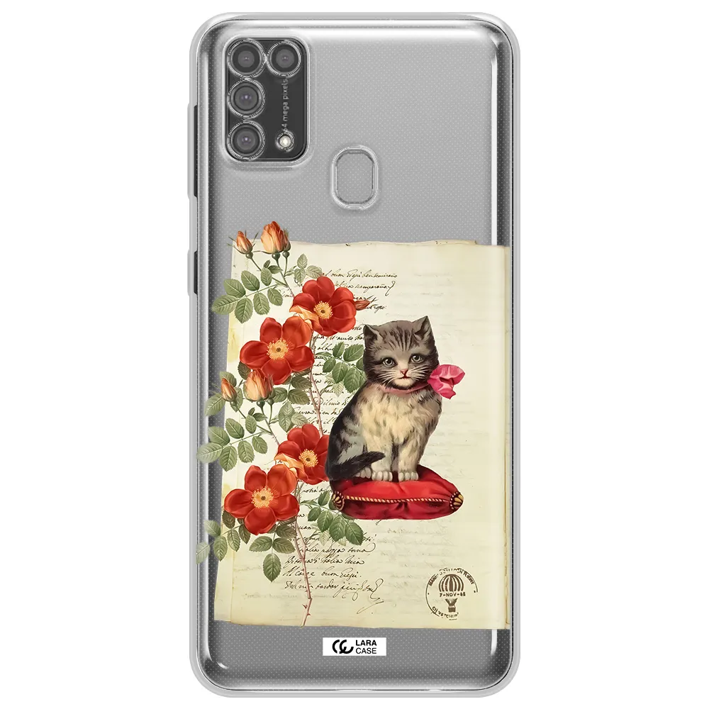 a cat on a pillow with flowers Samsung M31 Clear TPU Case