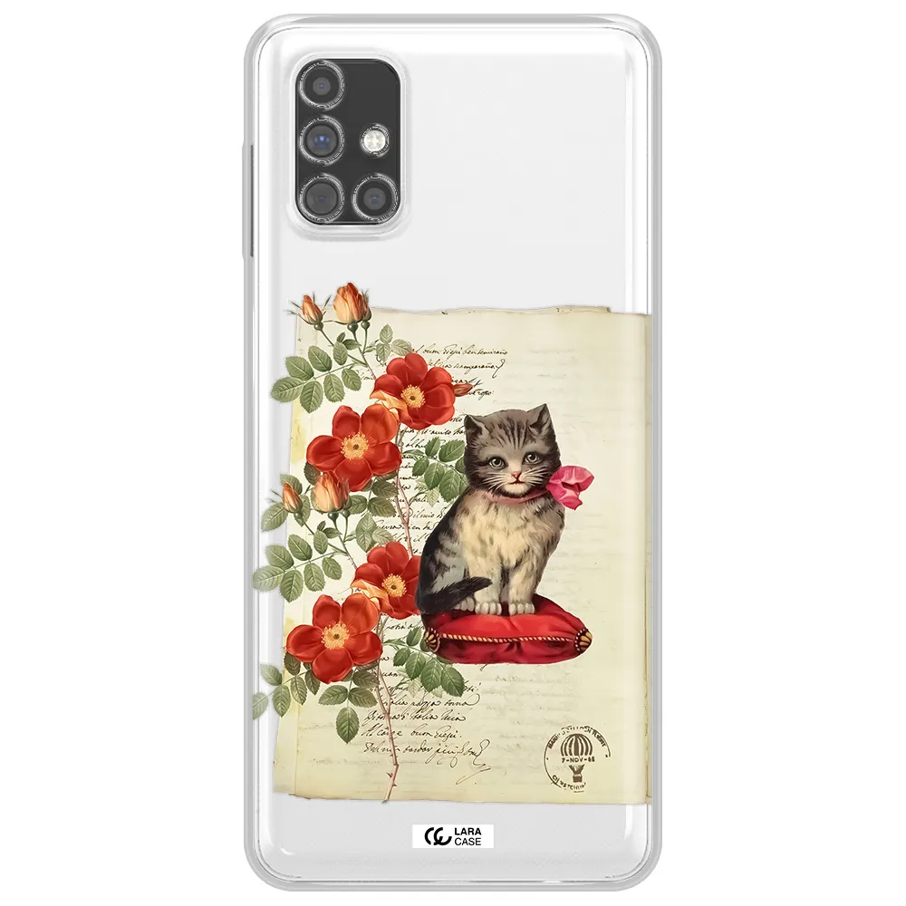 a cat on a pillow with flowers Samsung M31S Clear TPU Case
