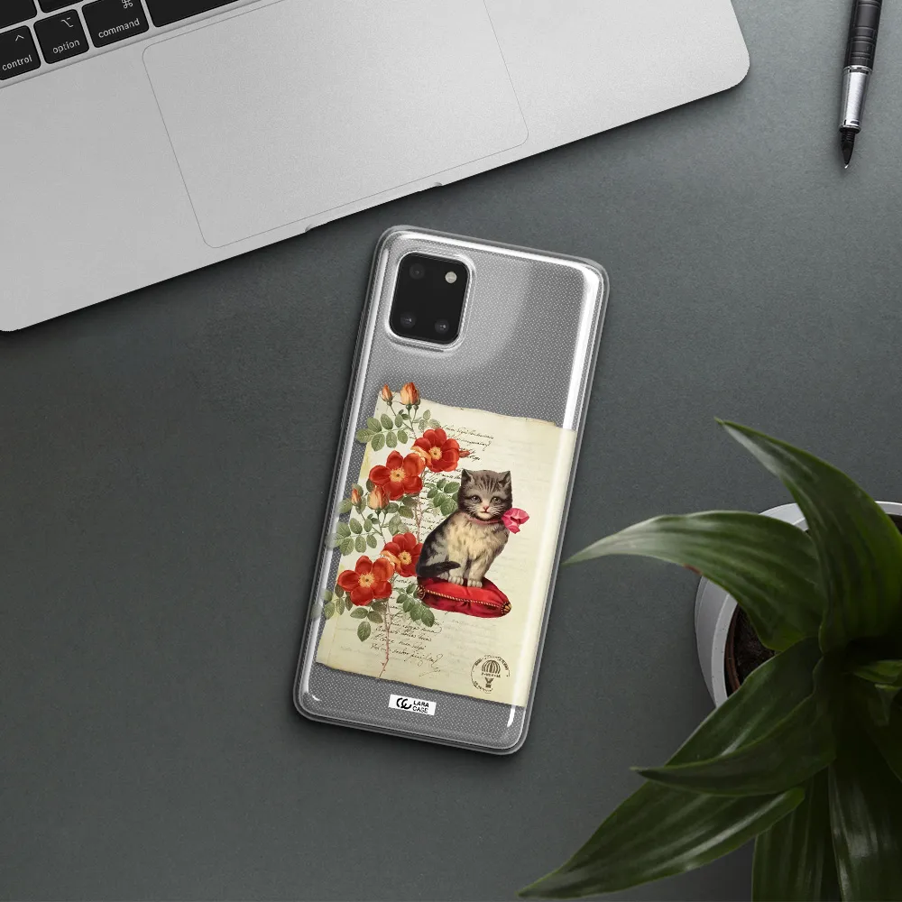 a cat on a pillow with flowers Samsung Note 10 Lite Clear TPU Case