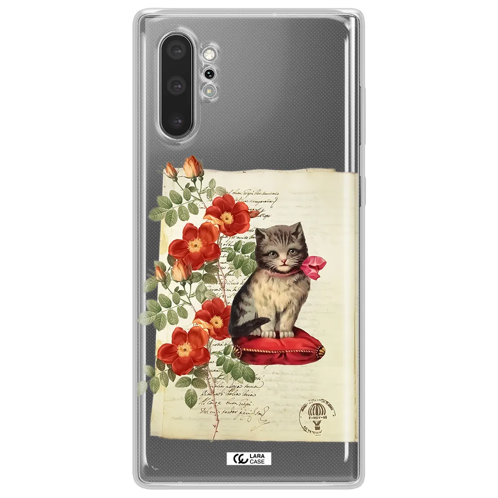 a cat on a pillow with flowers Samsung Note 10 Plus Clear TPU Case