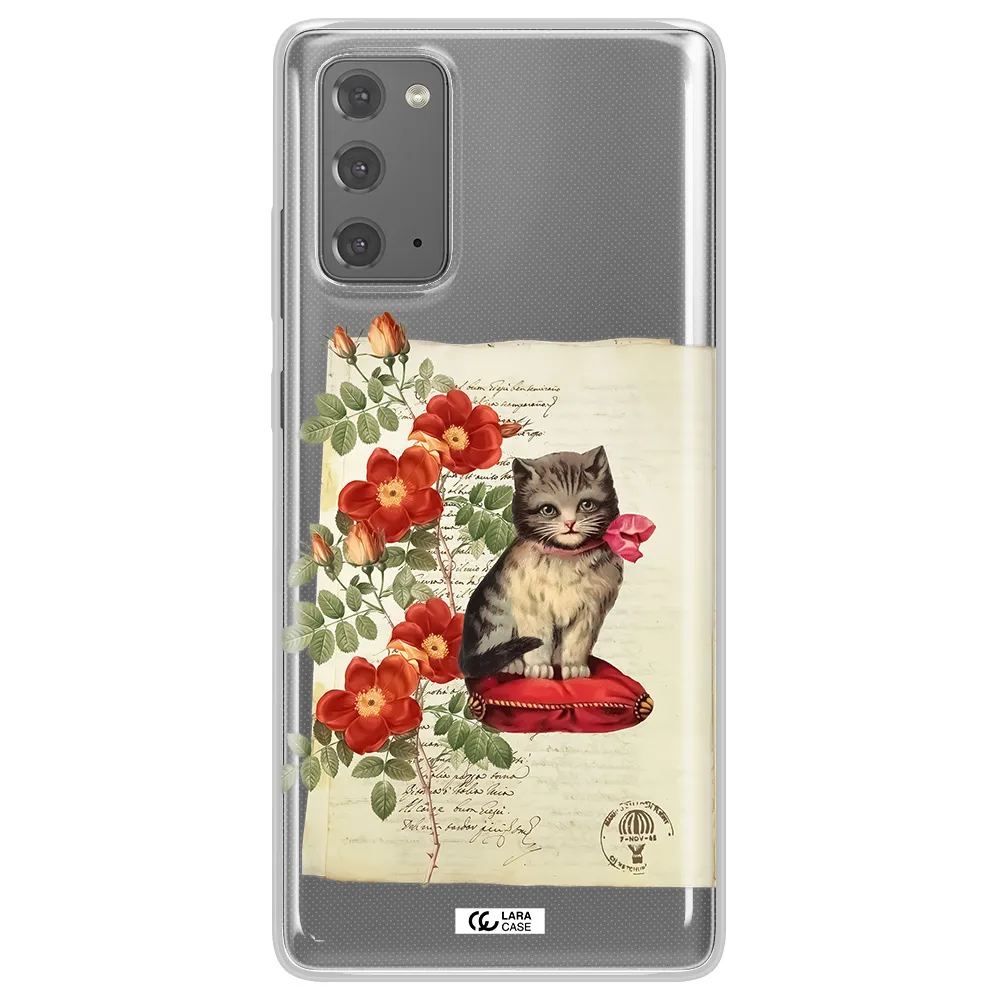 a cat on a pillow with flowers Samsung Note 20 Clear TPU Case