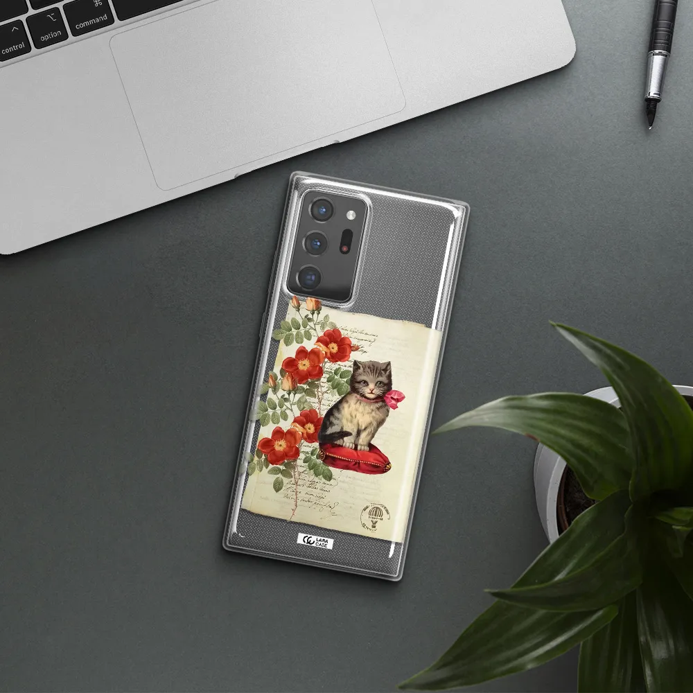 a cat on a pillow with flowers Samsung Note 20 Ultra Clear TPU Case